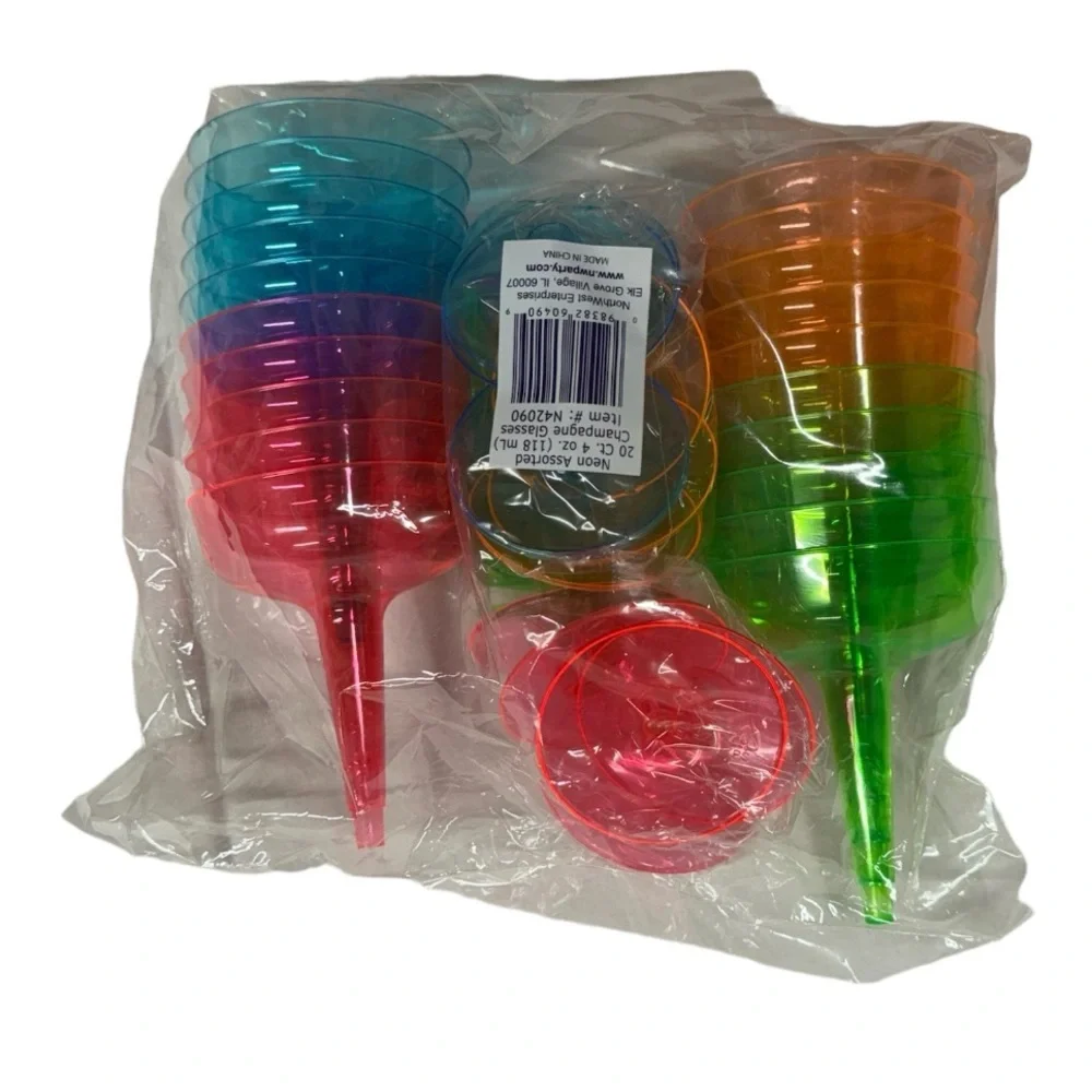 20 multicolor champagne glasses brand new in package. Orange, pink, blue & green